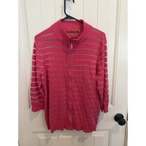 Belldini Women 2X Pink Metallic Stripe Rhinestone Zip Front Cardigan Sweater